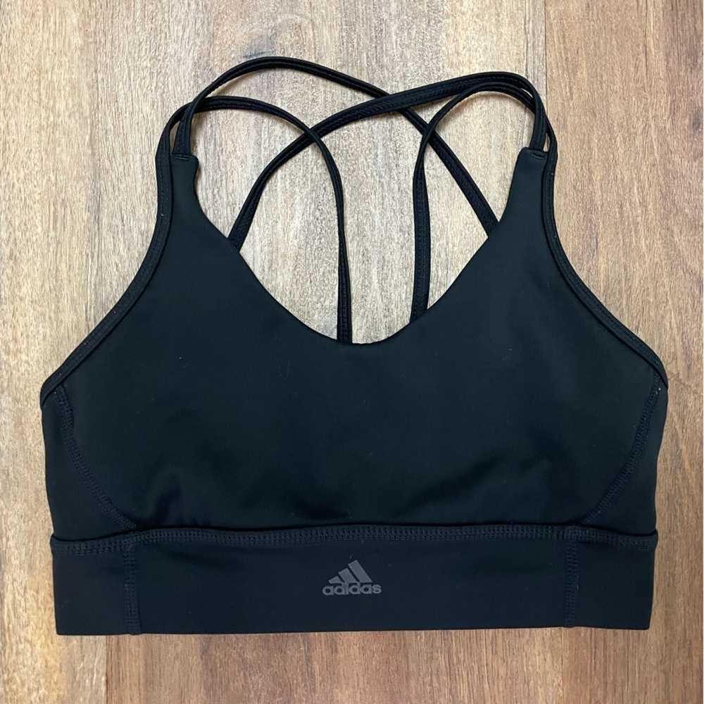 Adidas Sports Bra XS black with logo on front Double criss cross straps in back